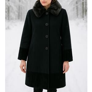 Kate Spade‎ Faux Fur Removeable Collar Wool Velvet Trim Jacket Coat Black